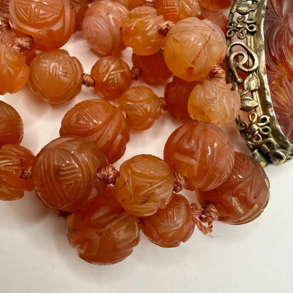 Vintage Chinese Carved Carnelian Sterling Silver Filigree Art Deco Bead Necklace